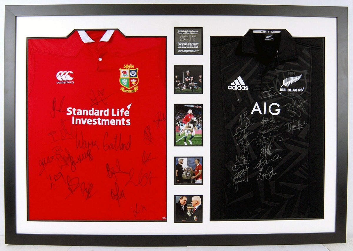 British Irish Lions ALL BLACKS SIGNED Rugby Jerseys FRAMED AFTAL COA Piece of Fame