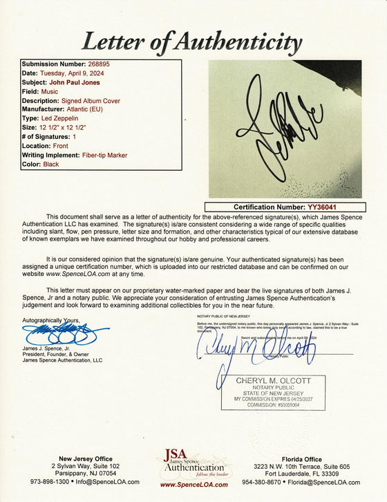 John Paul Jones Signed Led Zeppelin Vinyl JSA COA Authentication YY36041 TPA LOA