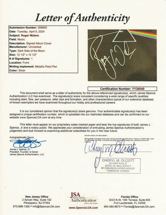 Roger Waters Signed Dark Side of the Moon Vinyl Pink Floyd JSA TPA YY36040 LOA