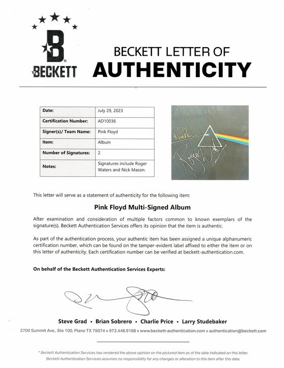 Roger Waters Nick Mason Signed Dark Side of the Moon Pink Floyd BAS AD10036 LOA