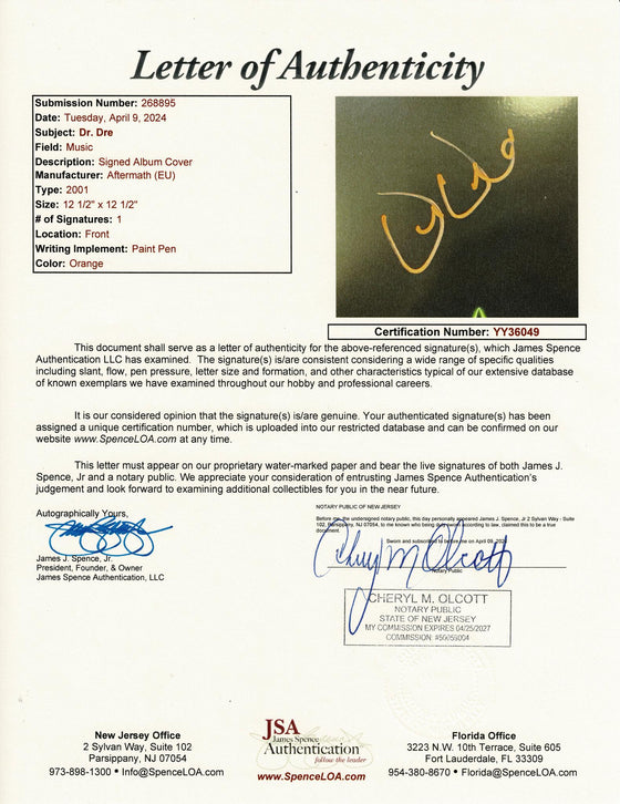 Dr. Dre Signed 2001 Vinyl N.W.A Genuine Signature TPA JSA COA YY36049 LOA