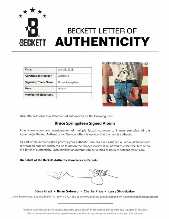 Bruce Springsteen Signed Born in the U.S.A. TPA BAS AD10039 BECKETT FULL LOA COA