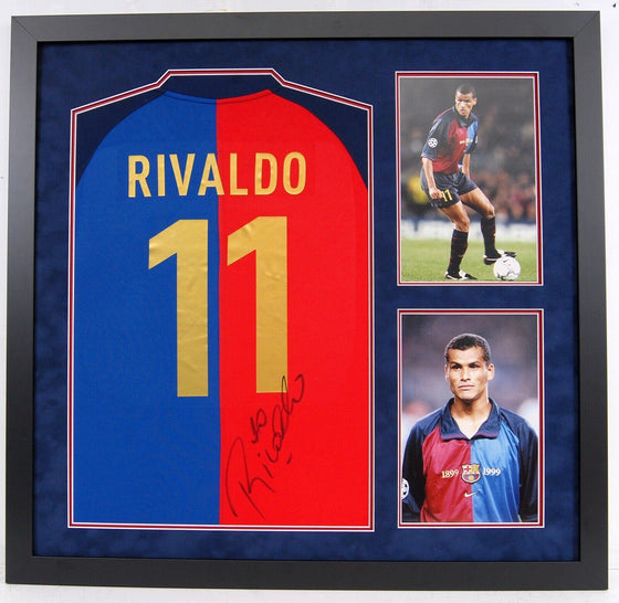 Rivaldo Signed & Framed Jersey Barcelona Brazil Genuine Signature AFTAL COA (C)