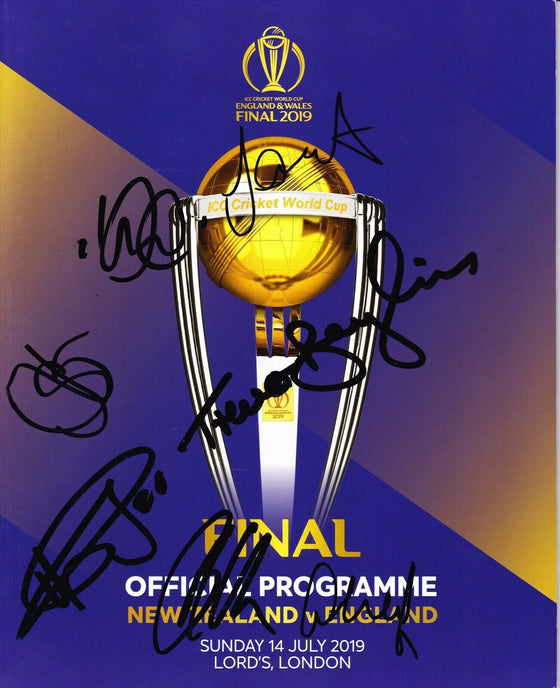 Cricket World Cup FINAL 2019 Programme SIGNED BY 7 England Cricketers AFTAL COA