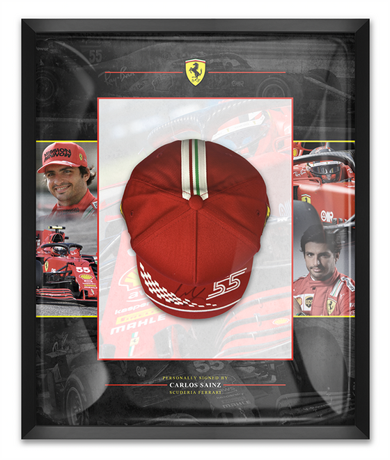 Carlos Sainz Jr. Signed Framed Ferrari Cap FORMULA 1 Genuine Signature AFTAL COA